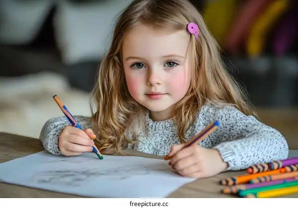 Little Girl Drawing With Colored Pencils