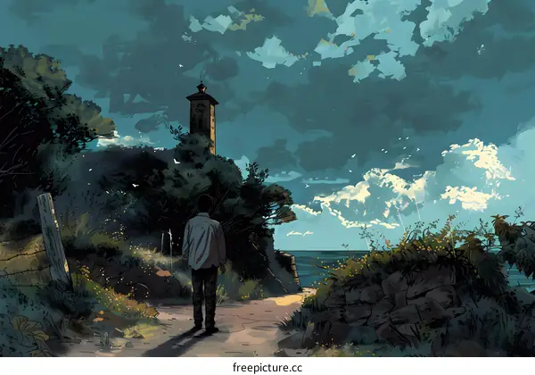 man walking alone on a costal path with a watchtower in the distance