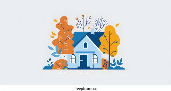 Autumn House Illustration with Trees and Leaves