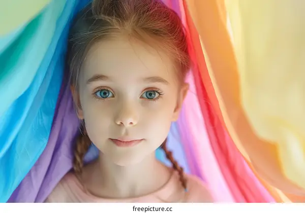 Little girl with blue eyes covered with a rainbow flag