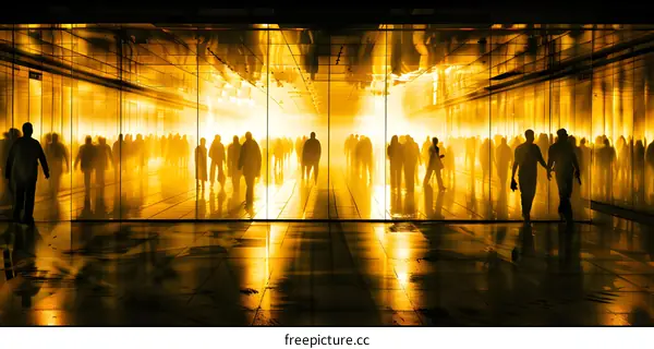 Silhouettes of People Walking Through a Golden Tunnel