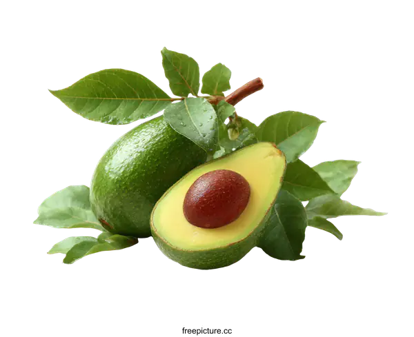 [Transparent Background PNG]Fresh Avocado with Leaves Close-up