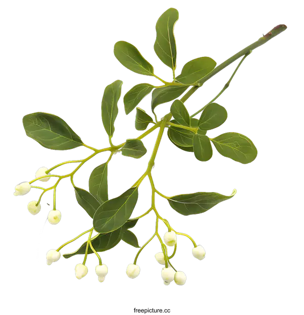 [Transparent Background PNG]Green Branch with White Flowers Isolated on White Background