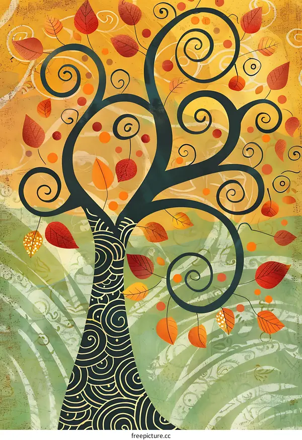 Abstract Tree with Spiral Branches and Autumn Leaves
