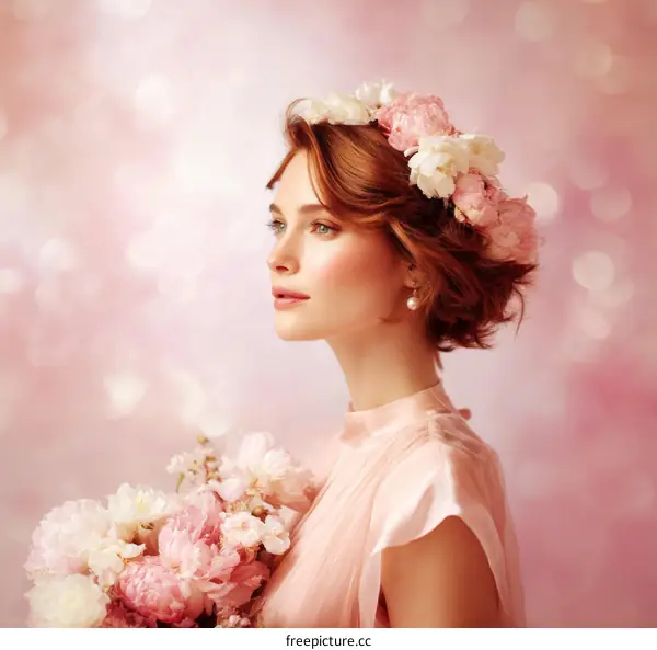 Elegant Woman with Floral Crown in Soft Pink
