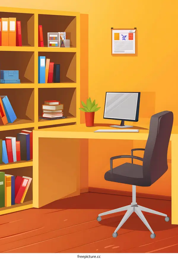 Cartoon Office Interior Design With Bookshelf