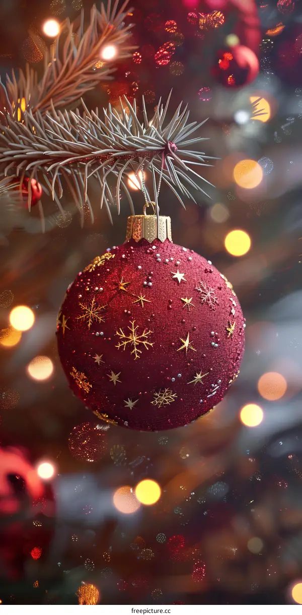 Christmas Ornament Hanging on a Tree with Ribbon and Pine Cones