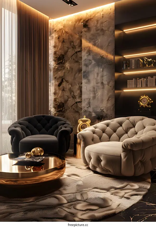 Luxurious interior design with two armchairs, a table and a carpet