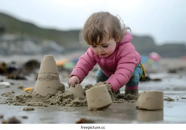 Little Girl Building Sandcastles on Beach