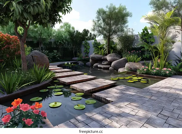 A garden path made of stones and wooden planks in a garden pond