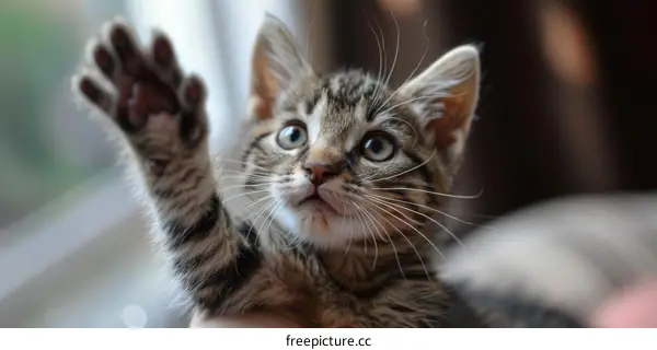Small tabby kitten reaching out with paw