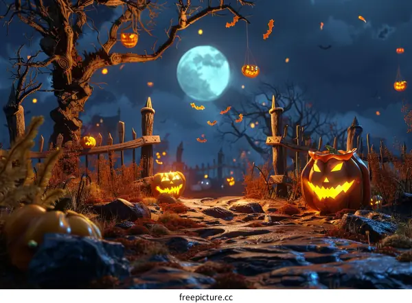 Halloween Night with Creepy Pumpkins and Bats