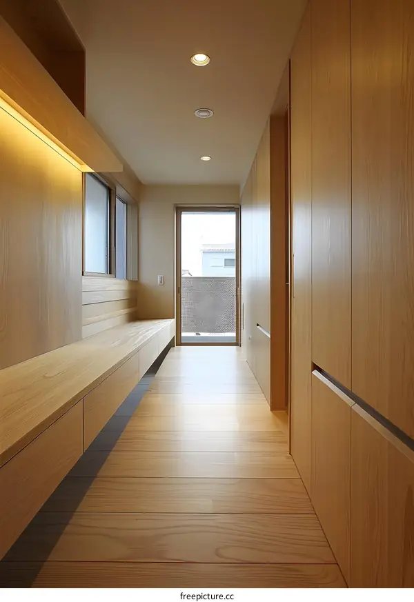 Modern Minimalist Wooden Hallway Interior Design with Natural Light and Wooden Flooring