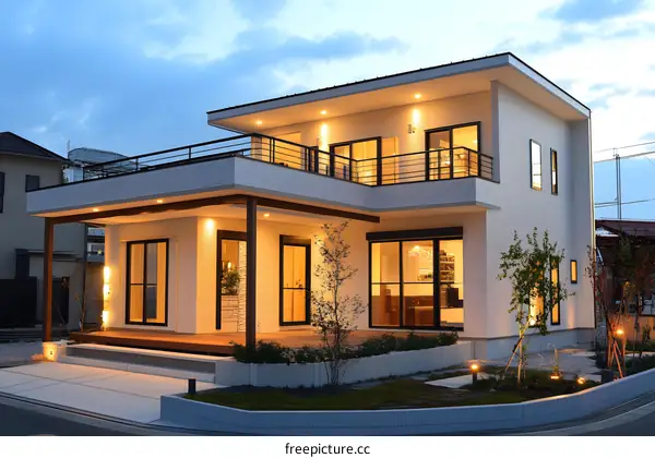 Modern Two Story House With Balcony And Lighting