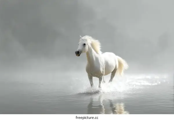 Majestic White Horse Galloping Through Misty River