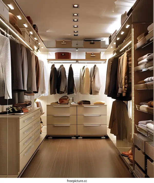 Modern Walk In Closet With Wooden Drawers And Clothes