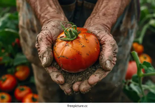 Farmer holding a tomato in his hands
