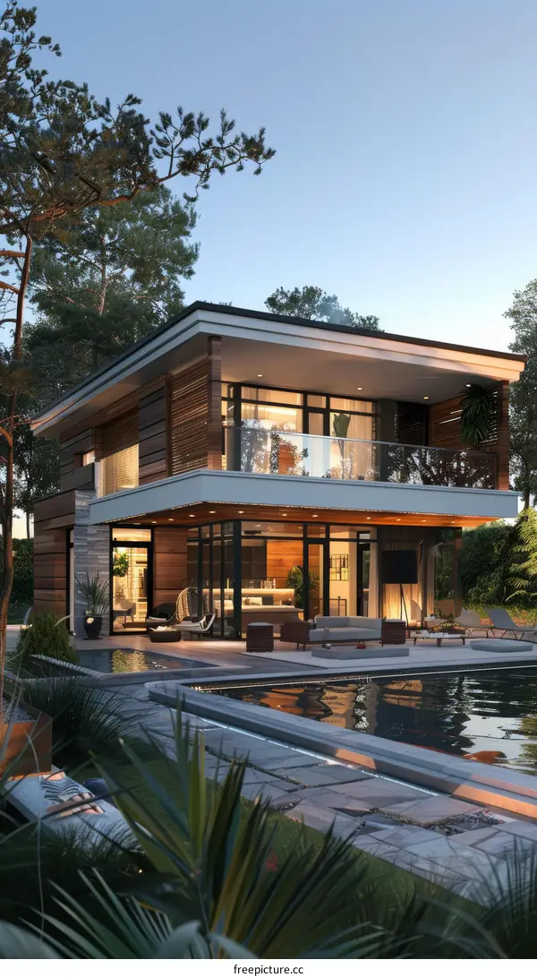 Modern Wooden House by a Pool at Dusk