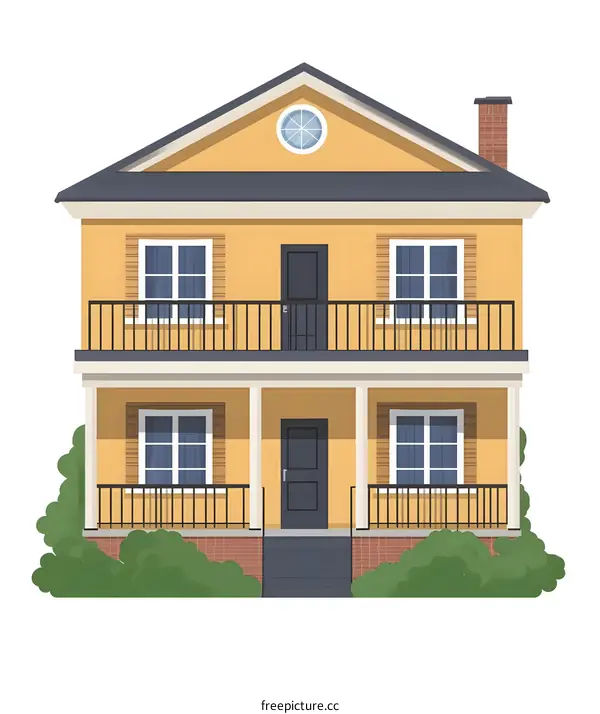Yellow Two Story House With Balcony Illustration