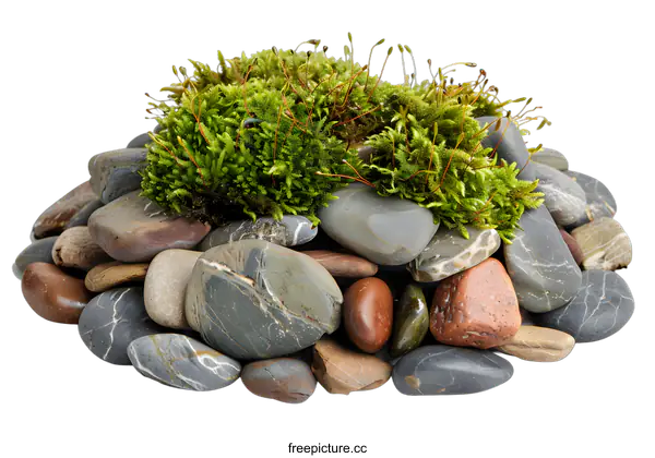 [Transparent Background PNG]Green Moss on Smooth River Rocks Isolated on White Background