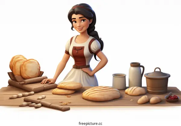 A baker girl is standing behind a table with bread and other food items on it.