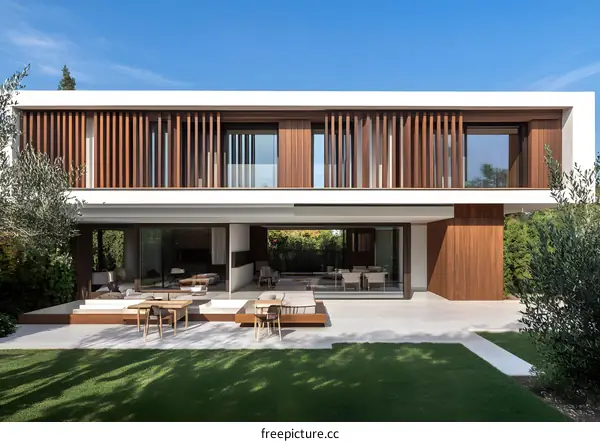 Modern Architecture Design With Wooden Facade And Large Windows