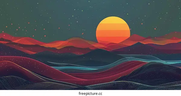 Abstract Mountain Landscape With a Sun and Stars