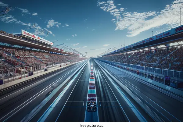 Formula One cars racing down a track with a crowd of spectators in the stands