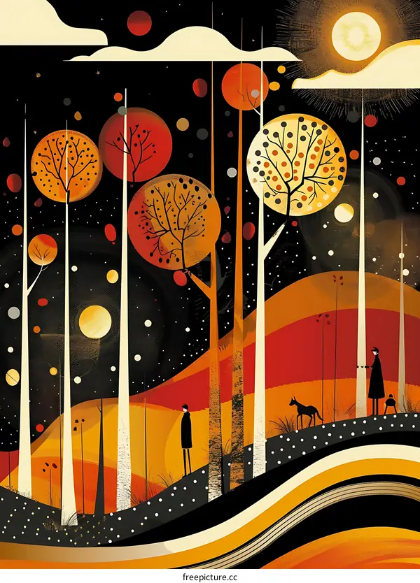 Abstract Fall Forest Illustration With Two People And A Dog