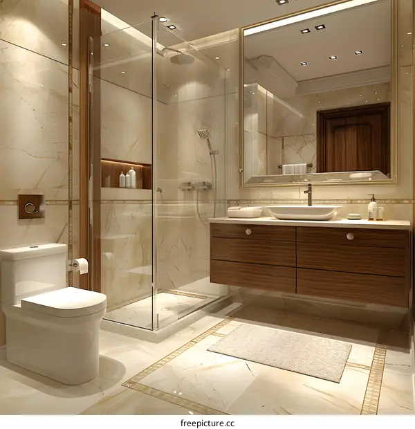 Bathroom With Beige Marble Tiles and Wooden Cabinetry