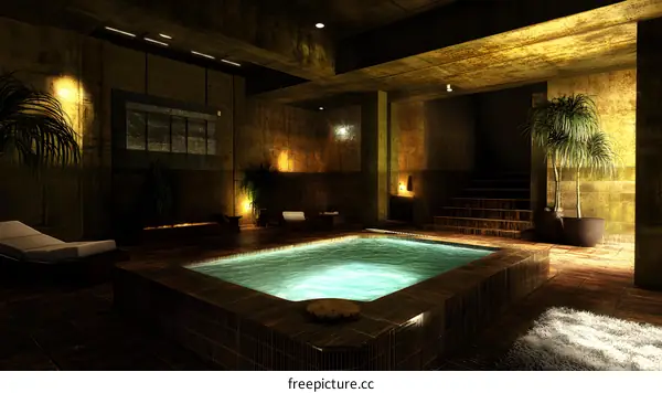 Modern Indoor Pool With Tropical Plants and Lighting