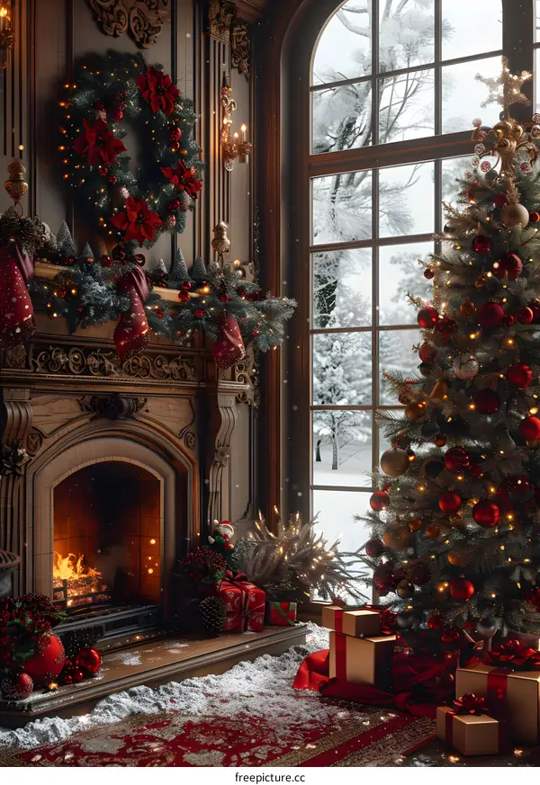 Christmas tree by the fireplace