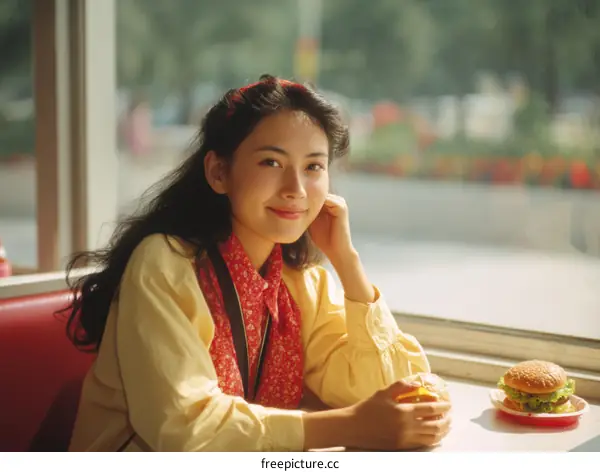 Asian Woman Eating a Burger in a Cafe