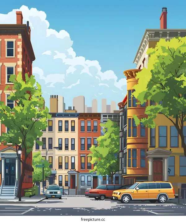 City Street with Buildings and Cars