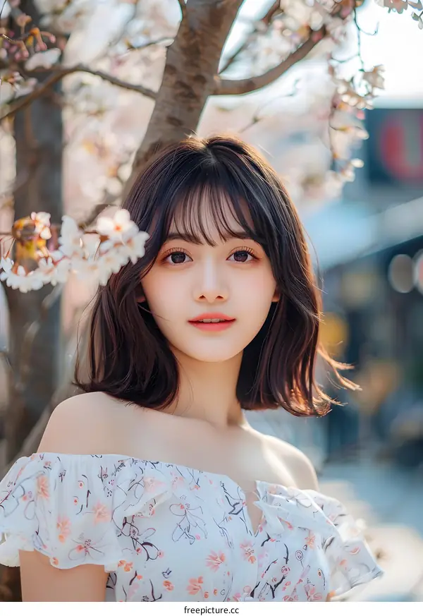 Young Asian Woman with Cherry Blossoms