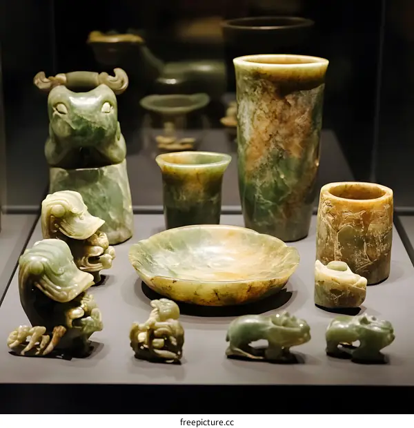 Ancient Jade Artifacts Displayed in Museum Case