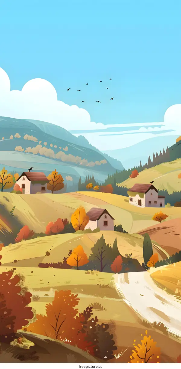 Autumn Landscape with Houses and Birds