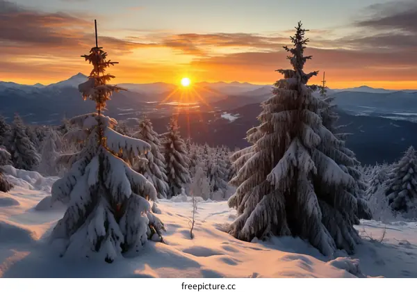 Winter Wonderland: Snow-Covered Trees and Distant Mountains