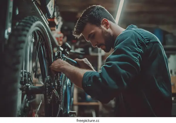 Man Fixing Bicycle Chain In Garage