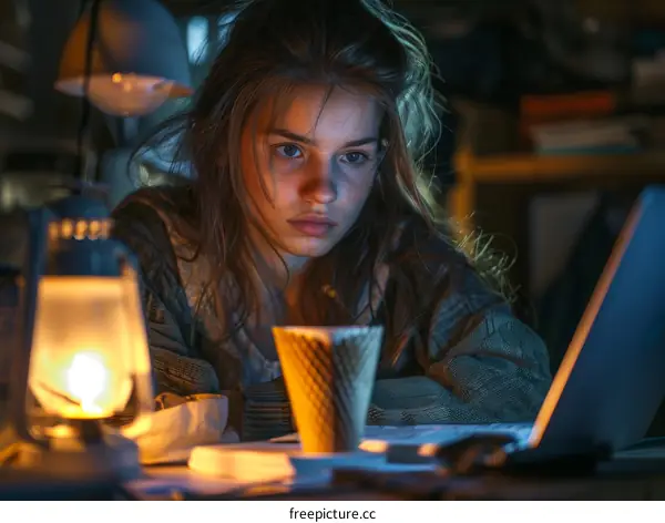 Young woman working late at night on her laptop with a lamp on her desk