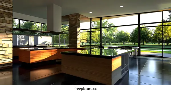Modern Kitchen Interior Design With Large Windows Overlooking Green Trees