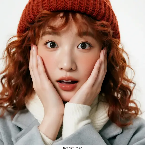 Red-haired woman with curly hair wearing a red hat and white turtleneck