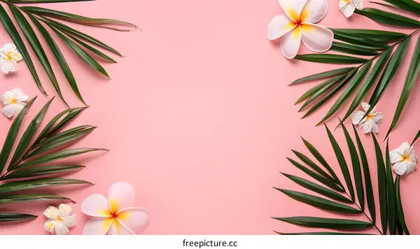 Tropical Leaves and Flowers on a Pink Background
