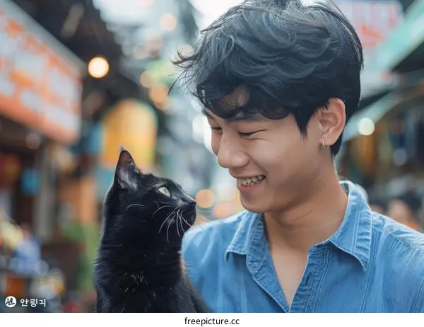 A young man smiling at a black cat