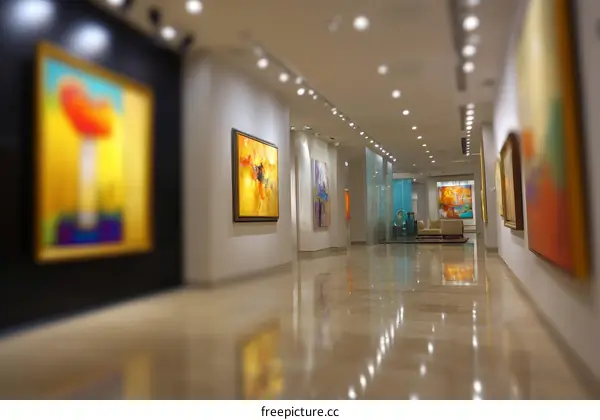 Modern Art Gallery Corridor with Colorful Paintings