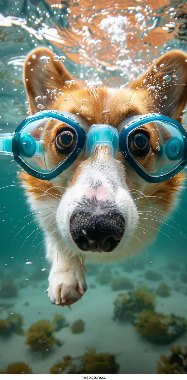 A cute dog wearing swimming goggles is swimming underwater