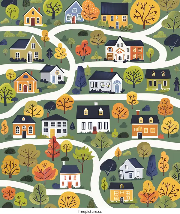 Illustrated Colorful Town With Winding Road