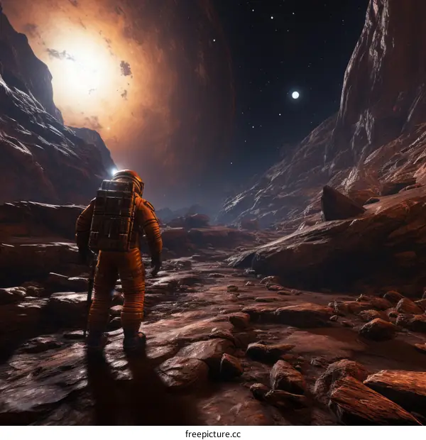 An astronaut in a crimson spacesuit explores a treacherous red planet with canyons and a huge moon