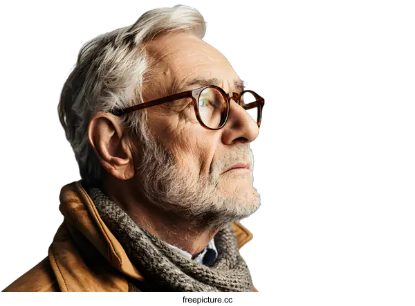 [Transparent Background PNG]Portrait of a Senior Man with Glasses Looking Up