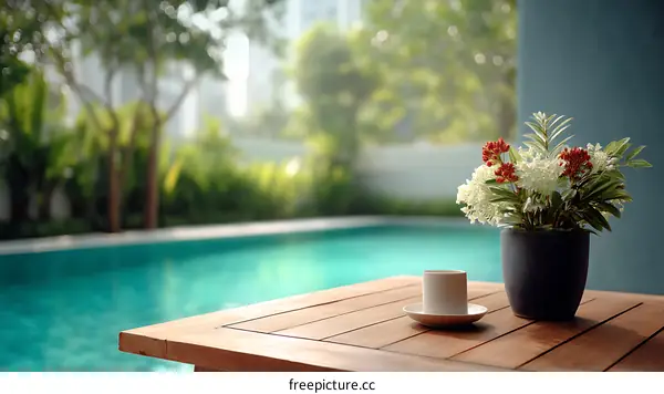 Tranquil Poolside Table with Flowers